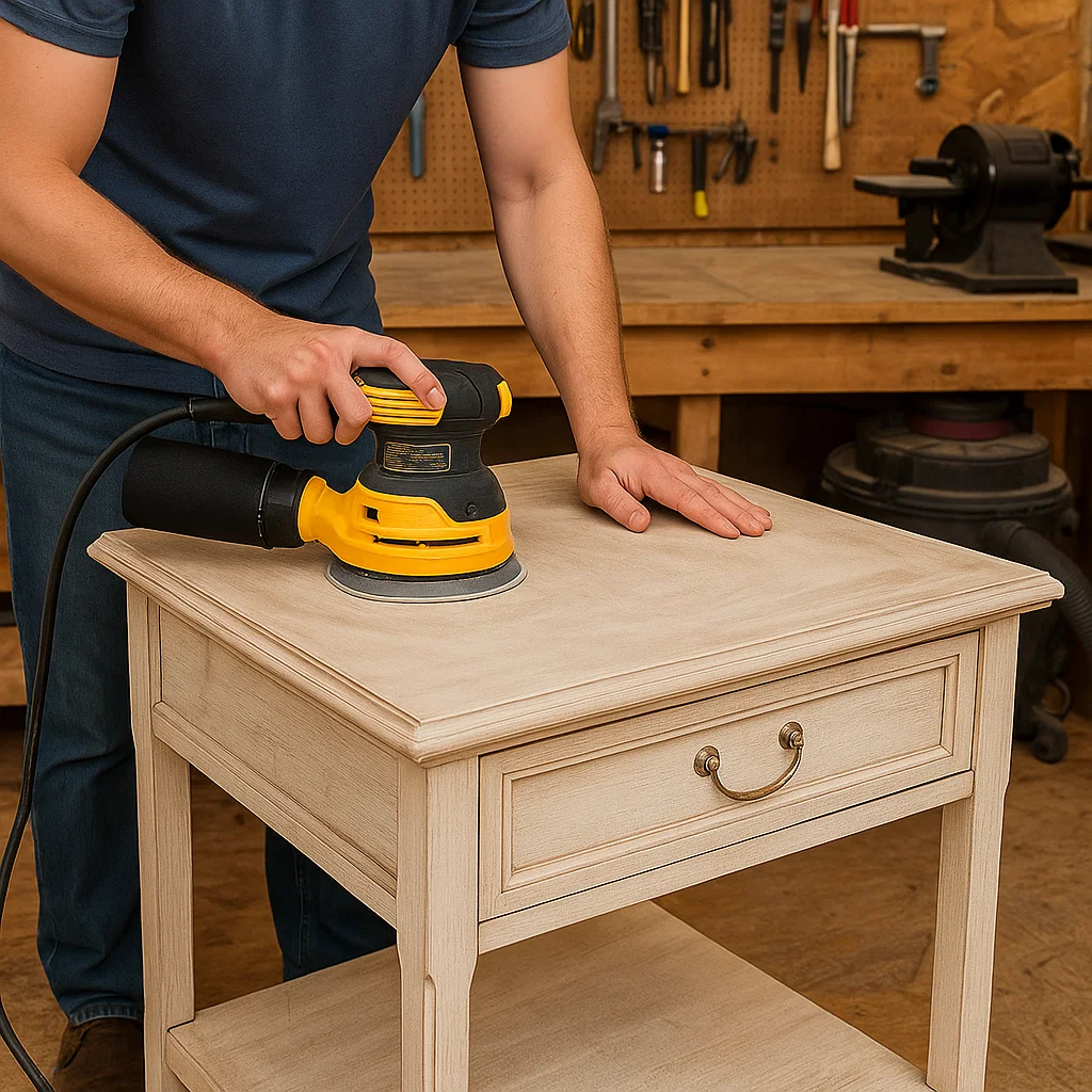 Person sanding wooden end table top with yellow orbital sander.