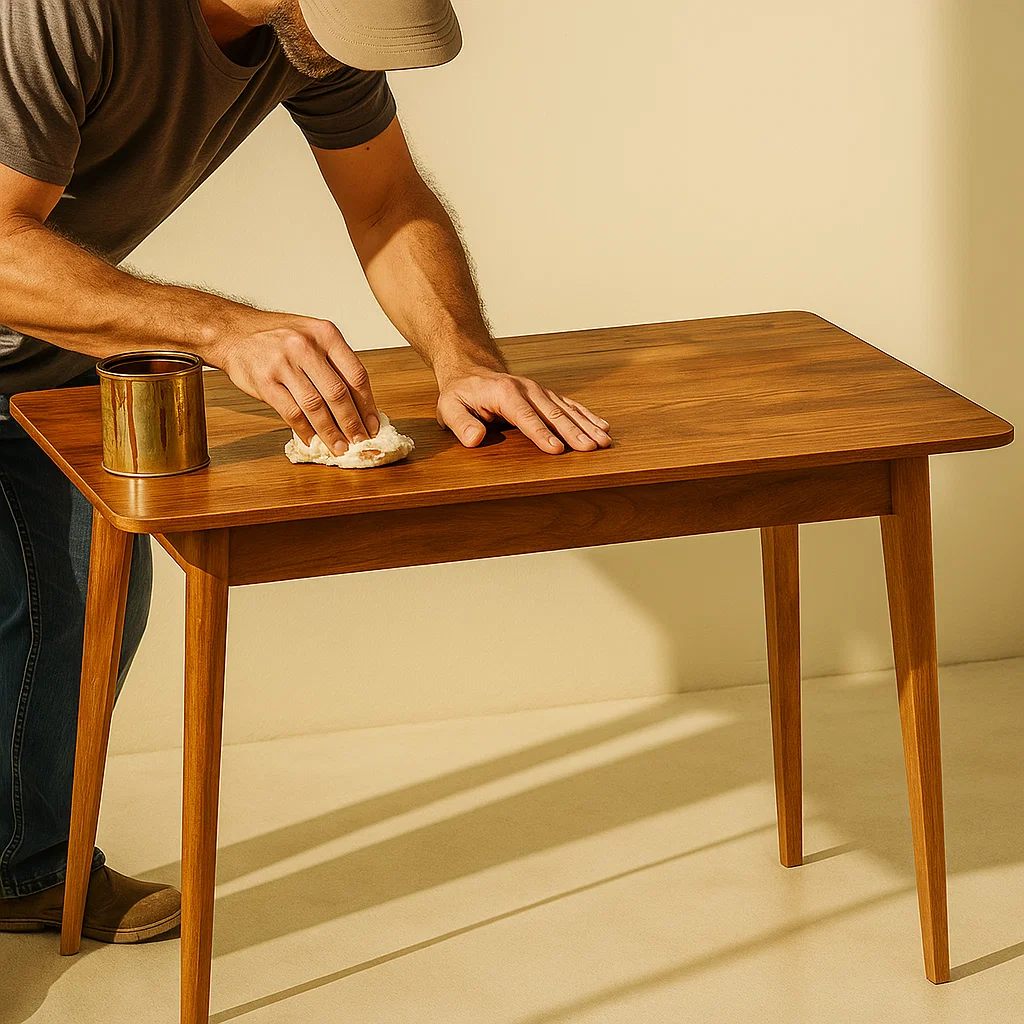 Applying wood stain with cloth on a sanded table