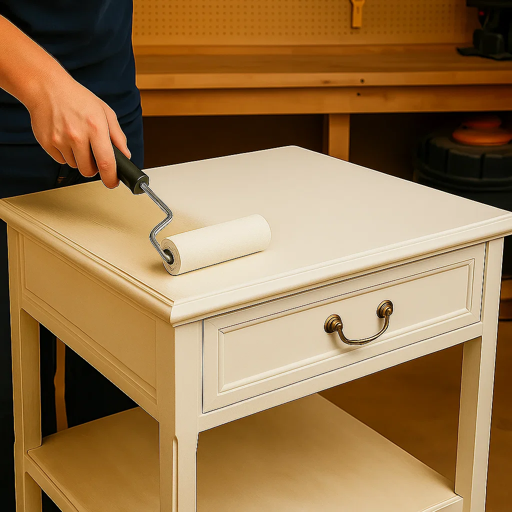 Person using foam roller to apply paint on end table surface.