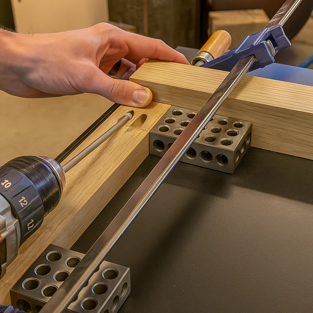 Drilling angled pocket holes in a clamped wooden board.