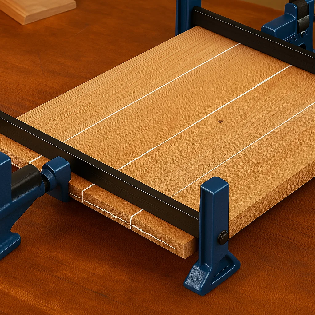 Wooden stool seat clamped with blue frame during assembly.