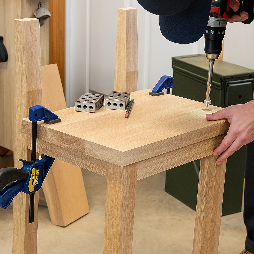 Securing a wooden seat to stool legs using screws.