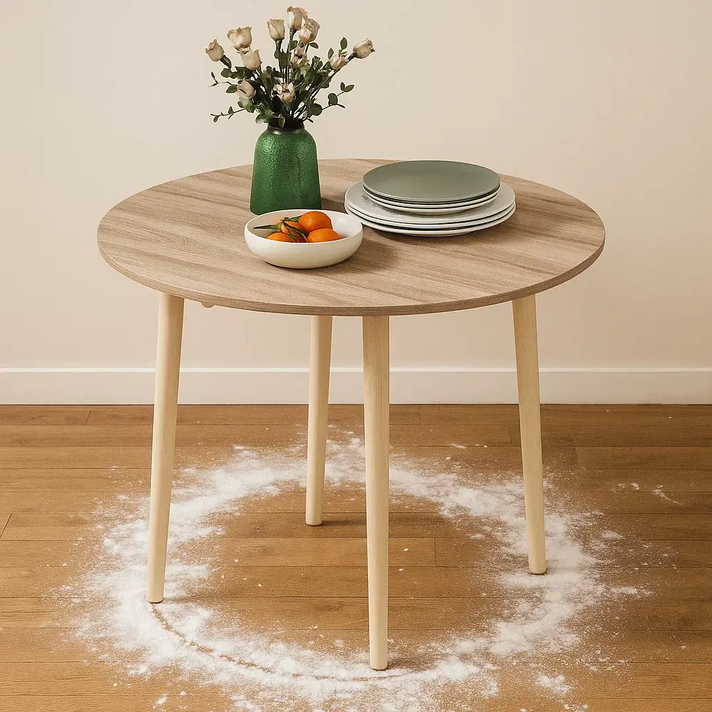White powder sprinkled in a circle around dining table legs.