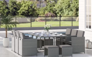 Large rattan patio dining set for outdoor entertaining.