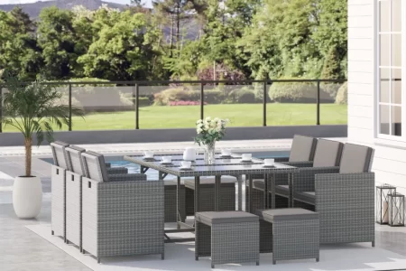 Large rattan patio dining set for outdoor entertaining.