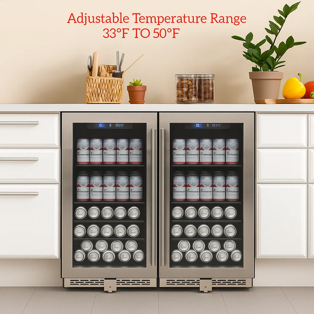 Stainless steel beverage coolers with cans, adjustable 33°F to 50°F.