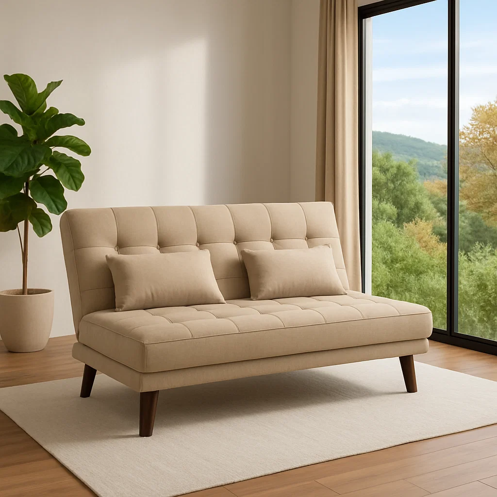 Beige bi-fold futon sofa with tufted backrest and pillows placed near large window and plant.

