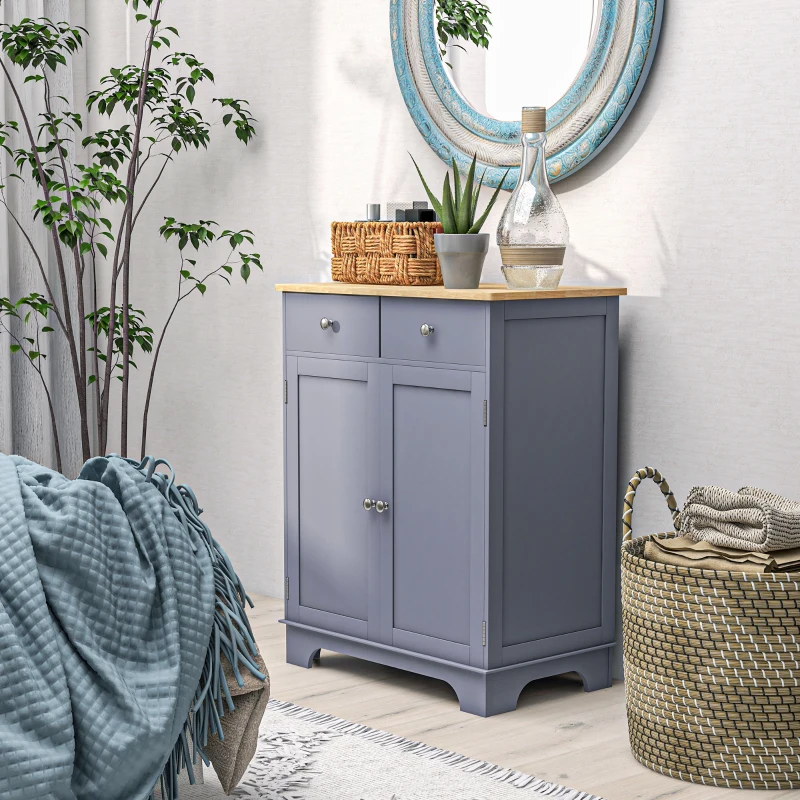 Grey-blue cabinet with wooden top and decorative accessories
