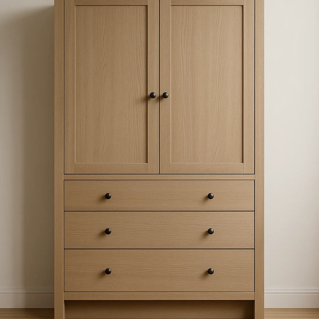 Storage cabinet with built-in drawers for organization.