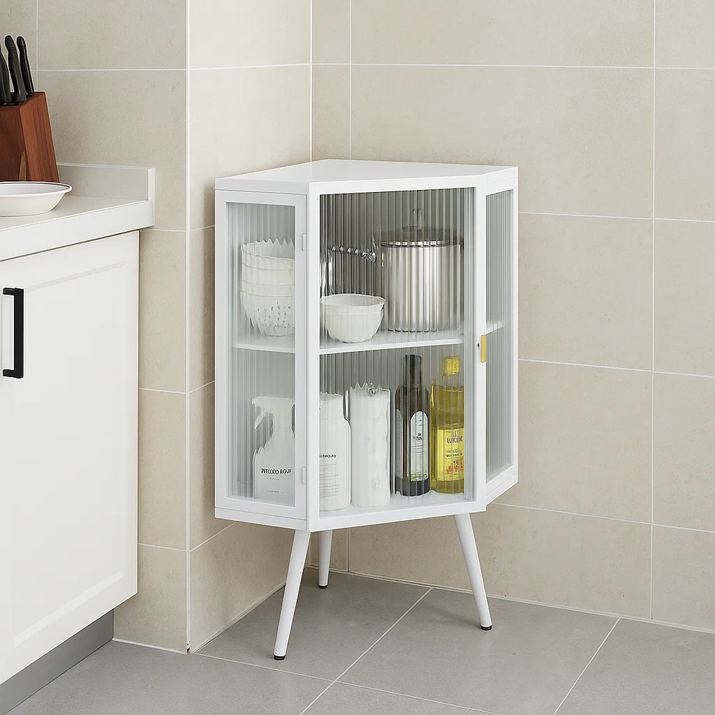 Corner cabinet with cookware, bowls, and bottles organized.
