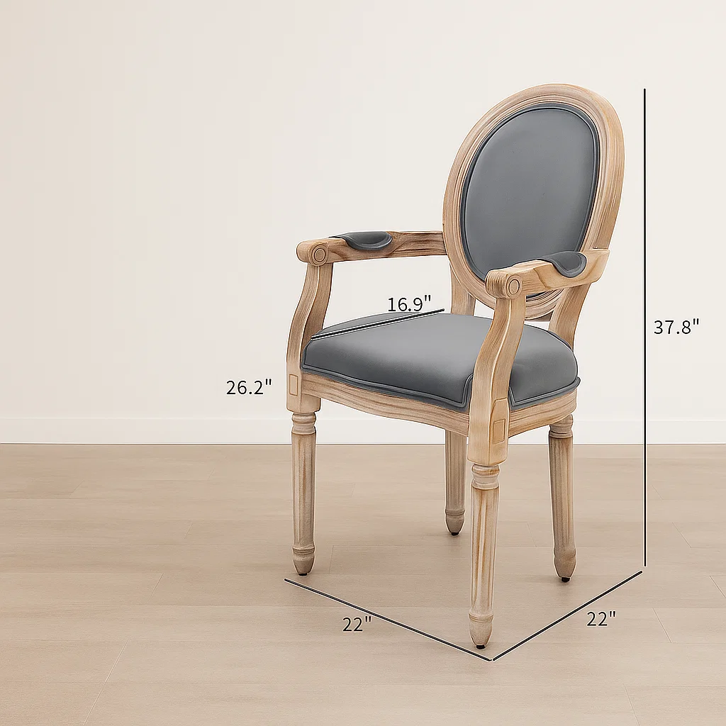 Grey upholstered arm dining chair with natural wood finish, shown with labeled dimensions for accurate fit.