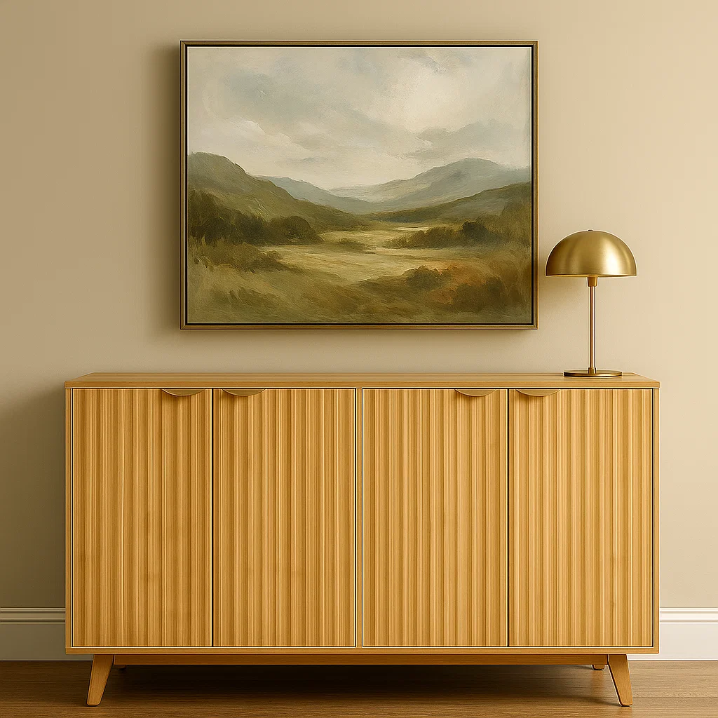 Sideboard with gold lamp and large framed landscape painting above.