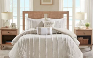 Cozy neutral striped bedding set with multiple pillows