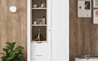 White wardrobe with shelves and drawers in modern room.