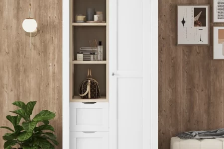White wardrobe with shelves and drawers in modern room.