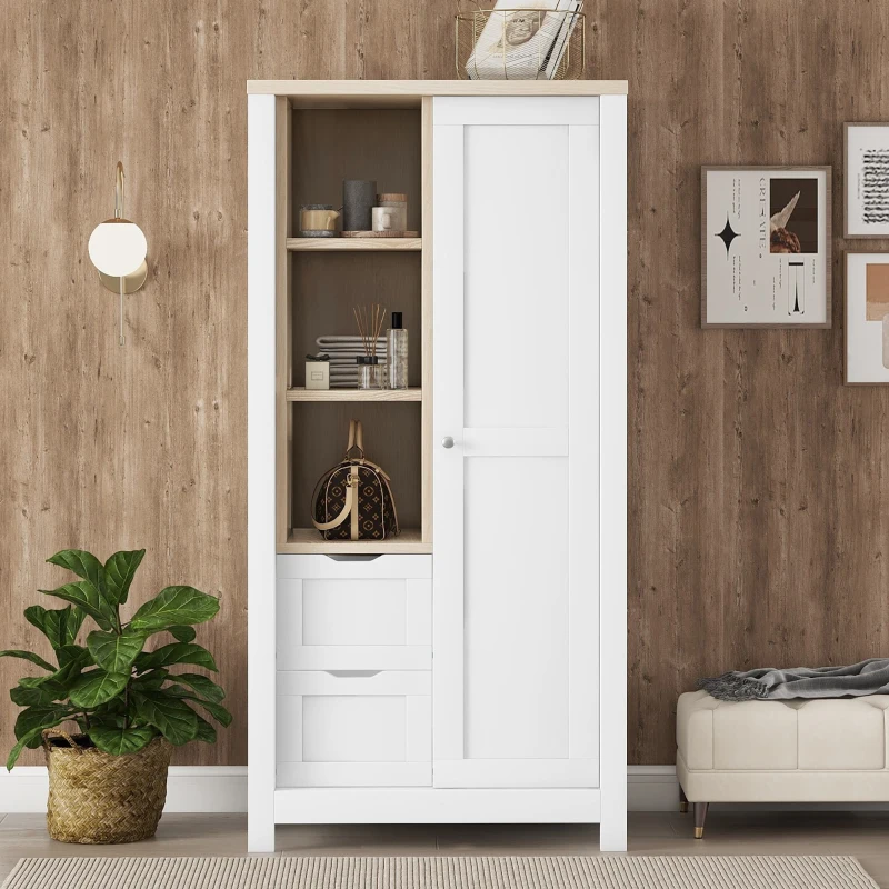 White wardrobe with shelves and drawers in modern room.

