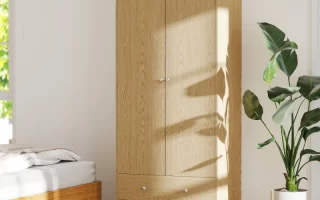 Wooden wardrobe in bright bedroom with natural sunlight.