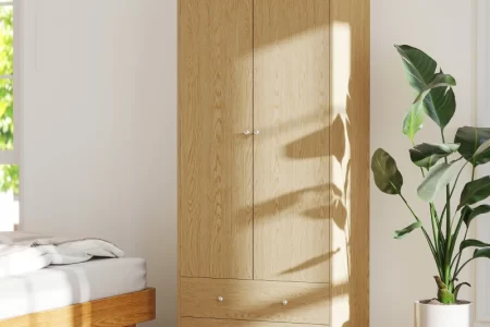 Wooden wardrobe in bright bedroom with natural sunlight.