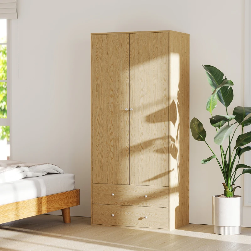 Wooden wardrobe in bright bedroom with natural sunlight.