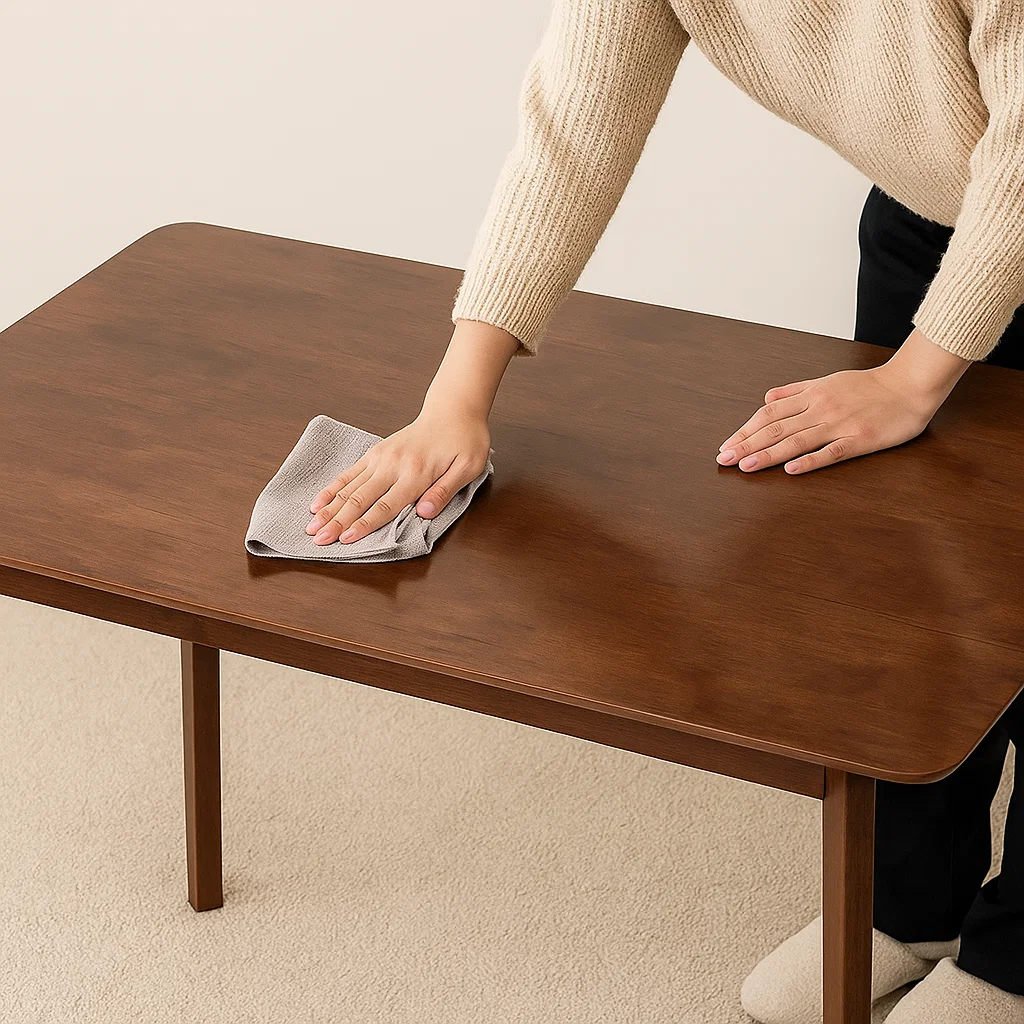 Person wiping refinished wood table with clean cloth