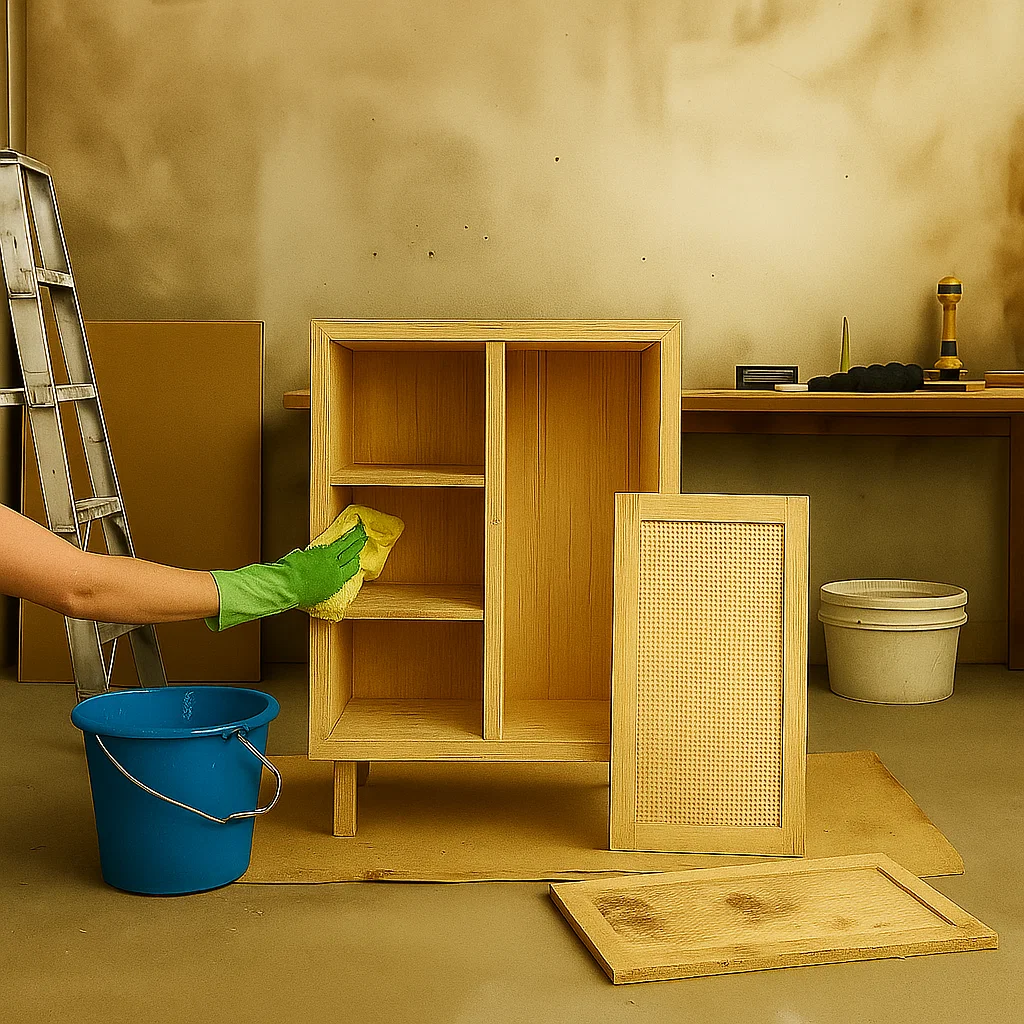 Gloved hand wiping the inside of a wooden cabinet with a yellow cloth next to a blue bucket.

