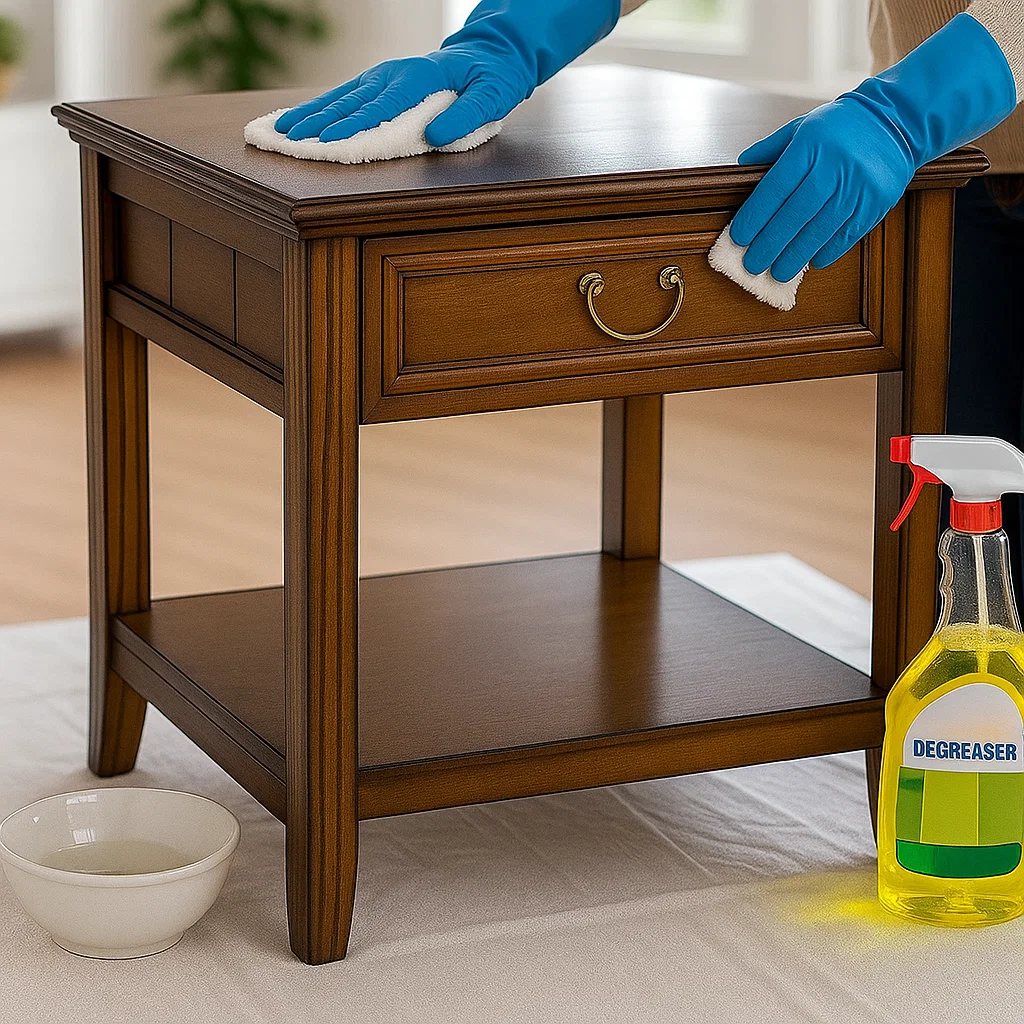 Person cleaning wooden end table with degreaser and cloth wearing blue gloves.