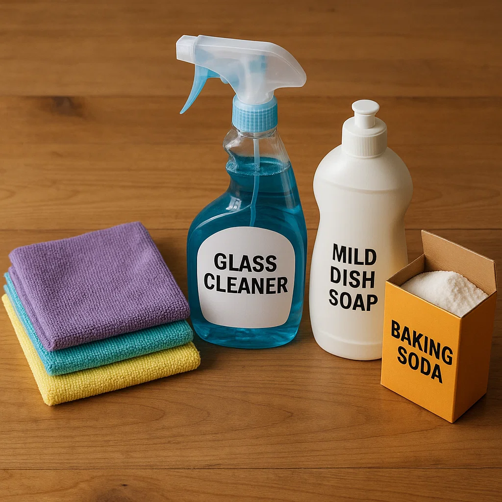Cleaning supplies with glass cleaner, dish soap, baking soda, and microfiber cloths.