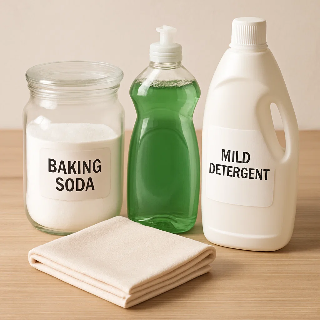 Baking soda, mild detergent, and cloth for cleaning