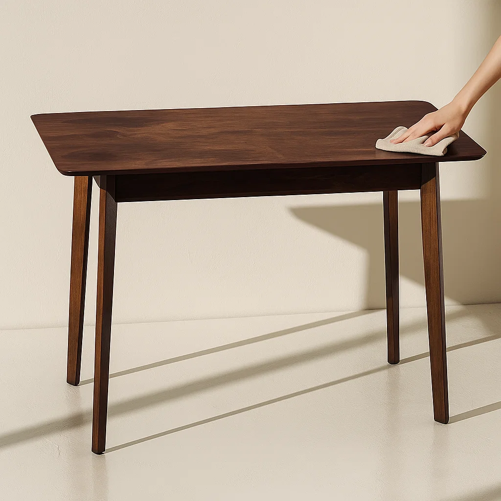 Hand wiping a dark wood dining table with a cloth to remove surface dust.
