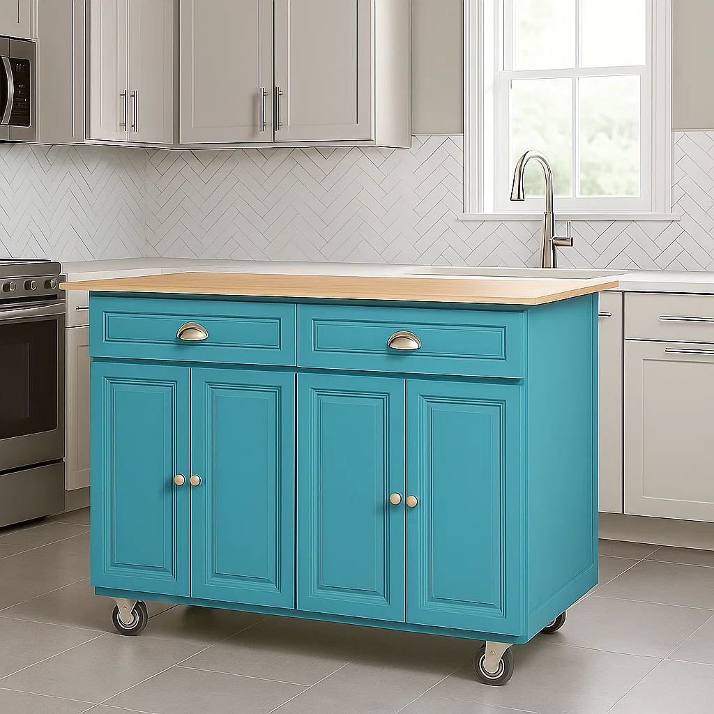 Empty teal kitchen island with drawers and caster wheels

