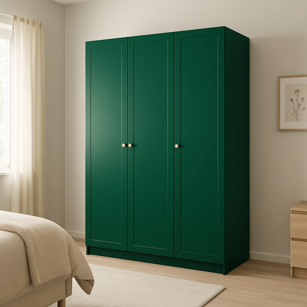 Green wardrobe with white handles in a room.