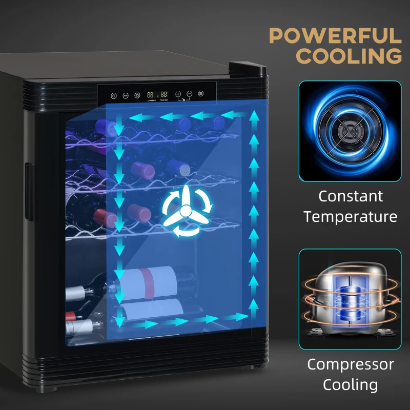 Powerful compressor wine cooler with blue cooling arrows
