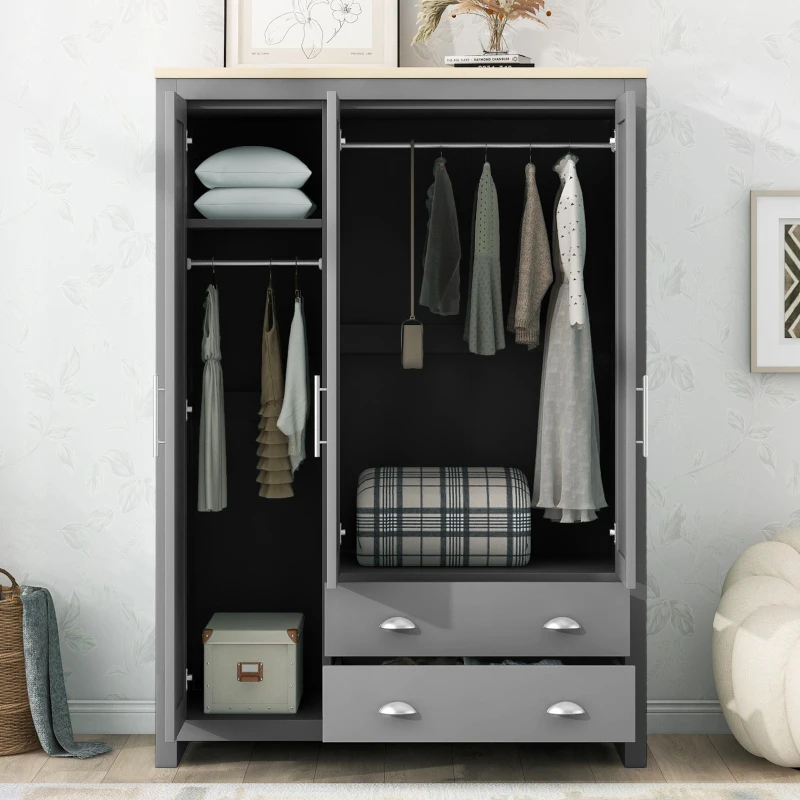 Gray wardrobe with hanging space and drawers.
