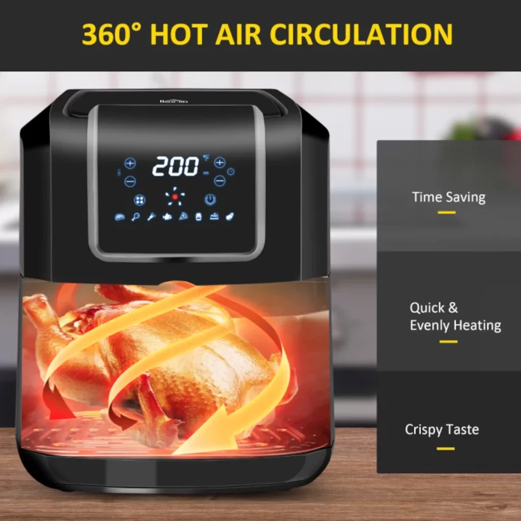 Digital air fryer with 360° hot air circulation cooking chicken.