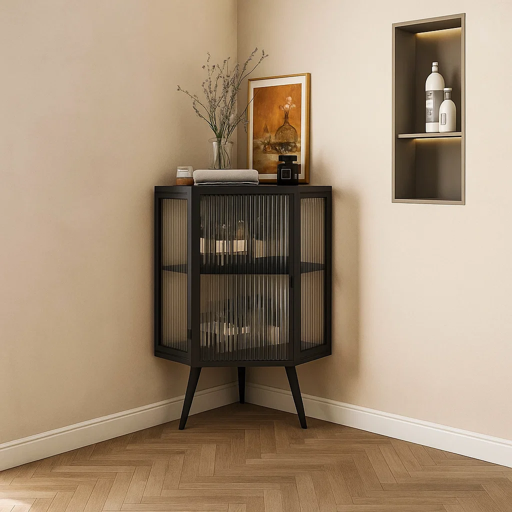 Corner storage cabinet with modern aesthetic.