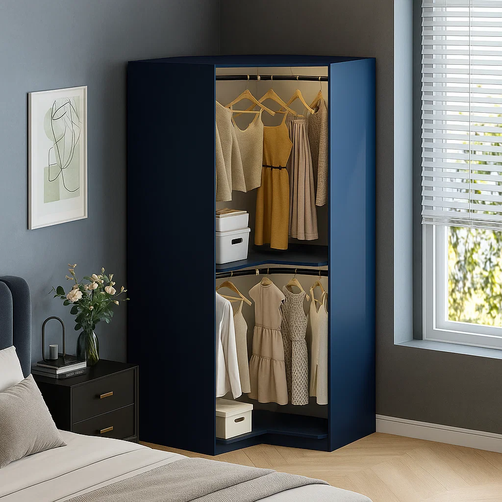 Space-saving corner wardrobe with ample storage space