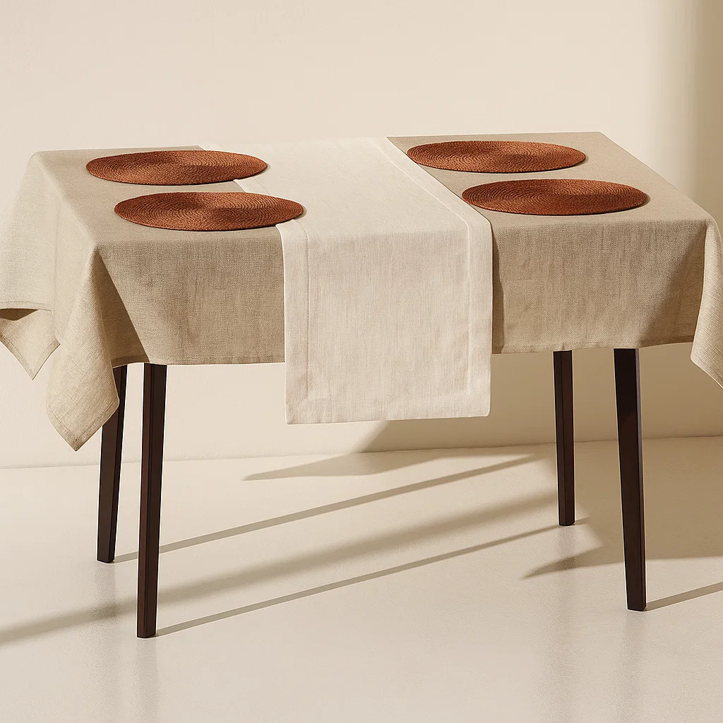 Dining table with beige tablecloth, runner, and brown placemats.