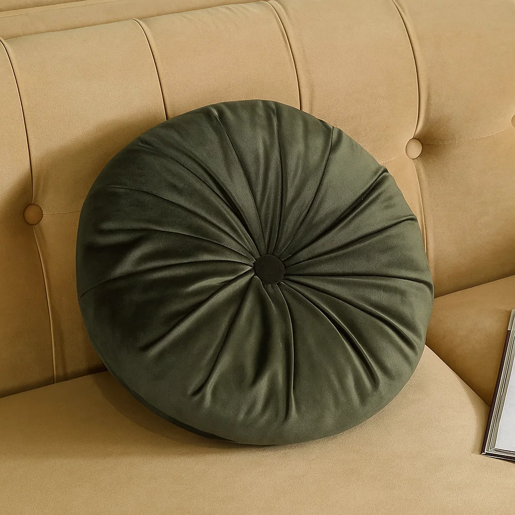Round green cushion on beige sofa with buttoned backrest.