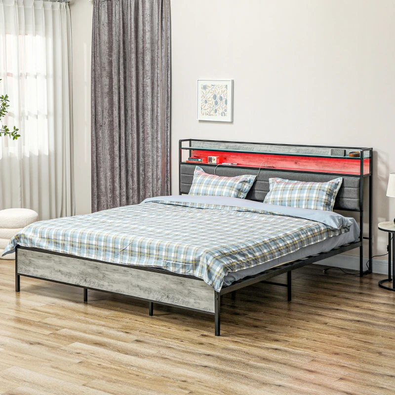 Metal bed with red shelf and plaid bedding