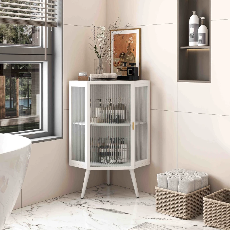 Stylish bathroom corner cabinet with glass doors and decor.
