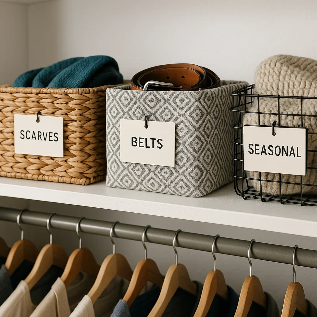 Neatly organized baskets with labeled storage items.