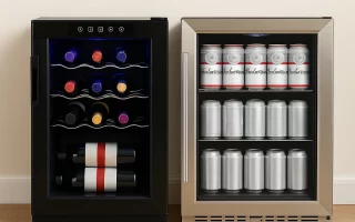 Black wine cooler with bottles and a flower vase on top