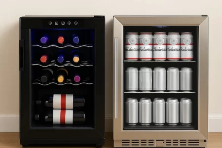 Black wine cooler with bottles and a flower vase on top