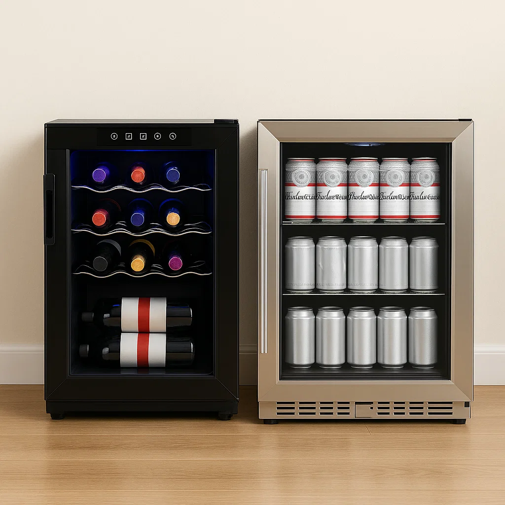 Black wine cooler with bottles and a flower vase on top