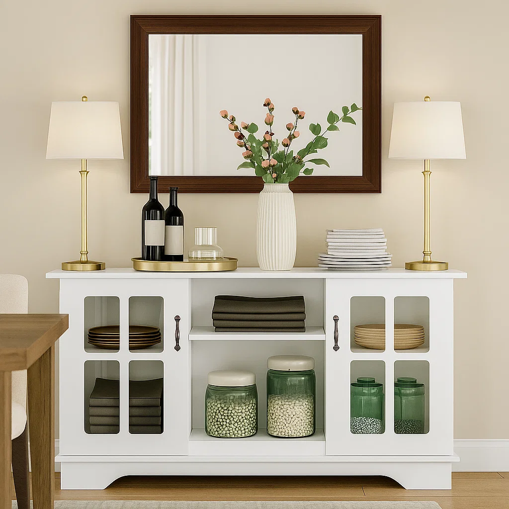 Buffet cabinet in a dining room setup with lamps, wine bottles, folded linens, and large wall mirror.
