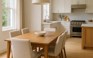 Rectangular wooden dining table with cushioned chairs in modern kitchen.