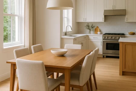 Rectangular wooden dining table with cushioned chairs in modern kitchen.