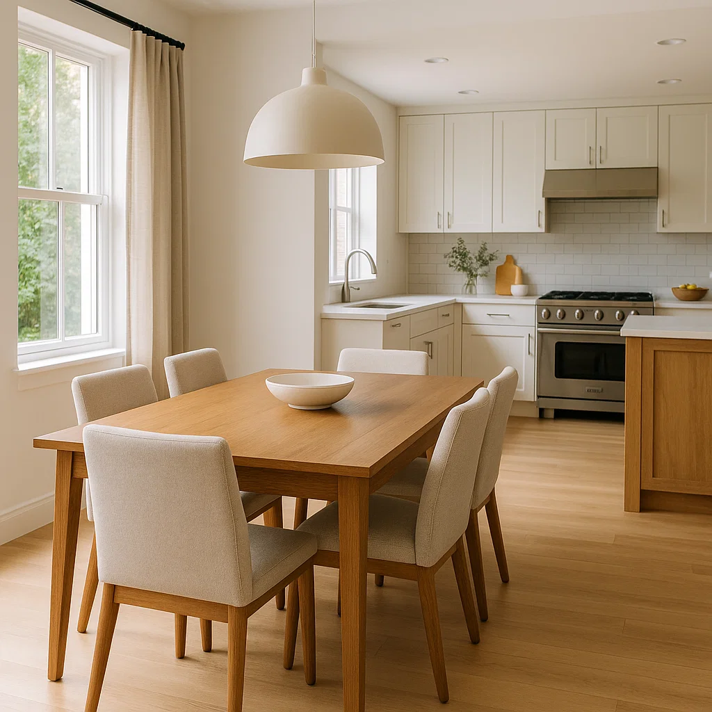 Rectangular wooden dining table with cushioned chairs in modern kitchen.