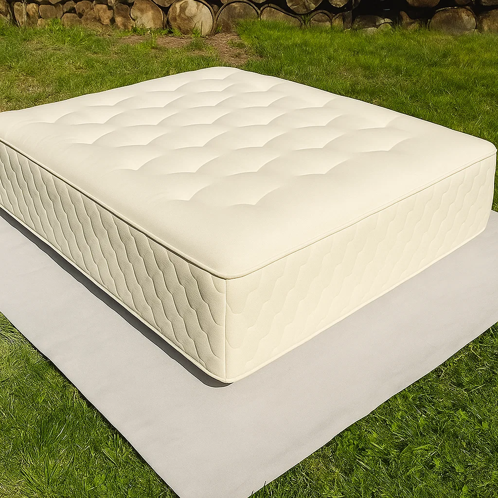 Mattress placed outdoors on a mat to dry
