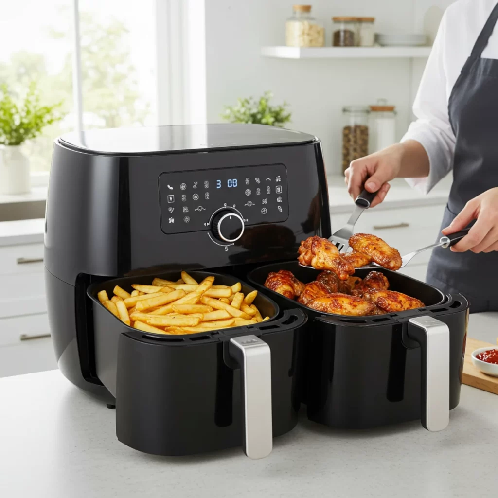 Dual basket air fryer cooking fries and chicken wings.